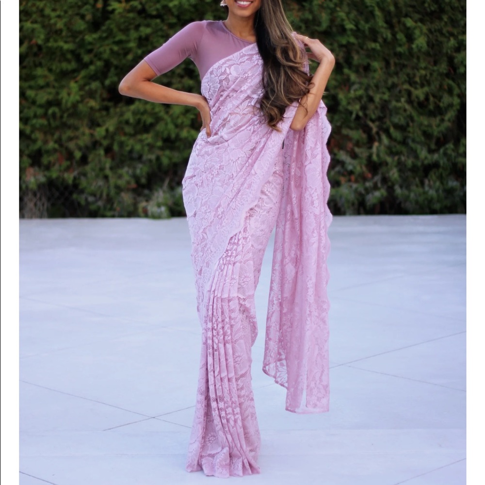 Tia Bhuva new Lilac colored lace saree- never worn. Does not include blouse.